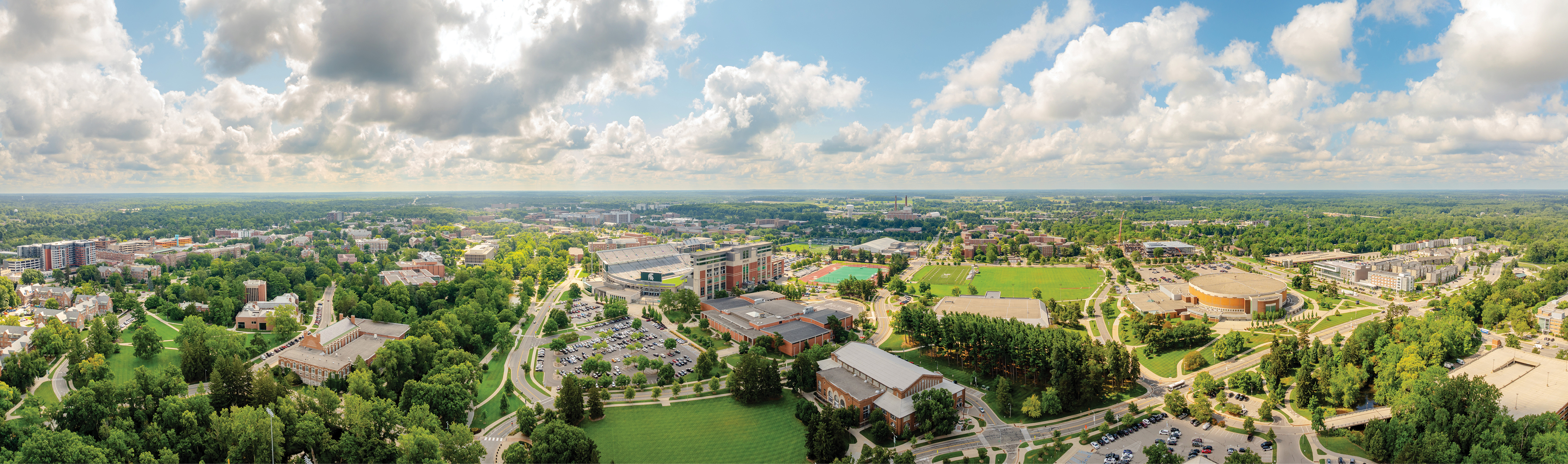 Aerial view of the MSU campus on a bright, sunny day in summer.