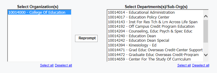 screenshot of Select Department(s) Prompt